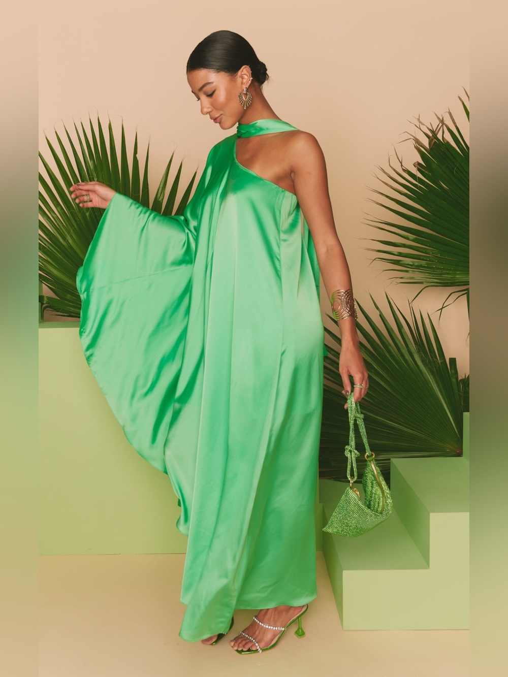 NWT Show Me Your Mumu Rhea One Shoulder Dress in Luxe Kiwi Satin size XS - Picture 9 of 14